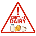 Warning sign with 'Contains Dairy' text and dairy product icons on a white background