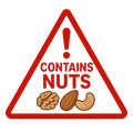 Triangle warning sign with 'CONTAINS NUTS' text and illustrations of nuts on a white background