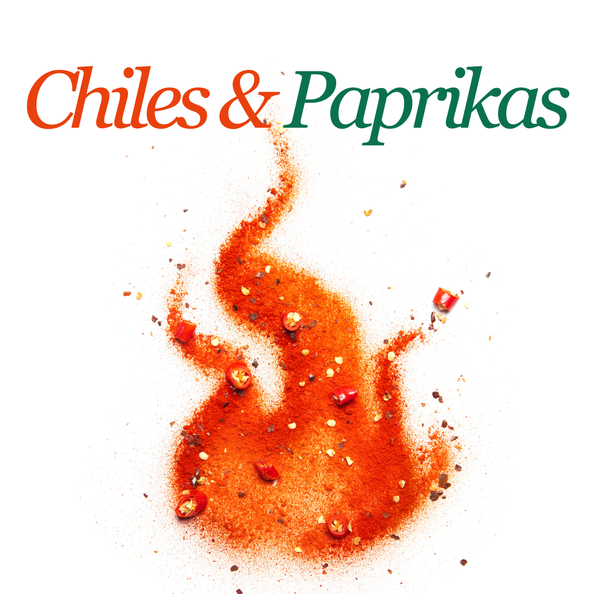 The text 'Chiles & Paprikas' in orange and green lettering above a stylized pile of red chili powder and pepper flakes on a white background.