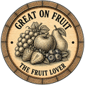 Decorative wooden barrel label with fruit illustrations and text 'Great on Fruit, The Fruit Lover' on a white background.