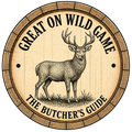 Decorative barrel label with a deer illustration and text 'Great on Wild Game The Butcher's Guide' on a wooden background.