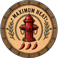 Red fire hydrant on a circular wooden barrel with 'Maximum Heat' text and chili peppers.