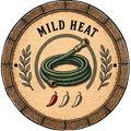 Decorative emblem with a coiled green hose, chili peppers, and the text 'Mild Heat' on a wooden barrel background.