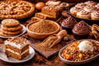 Assorted desserts including pies, cookies, and cupcakes on a wooden table with spices.