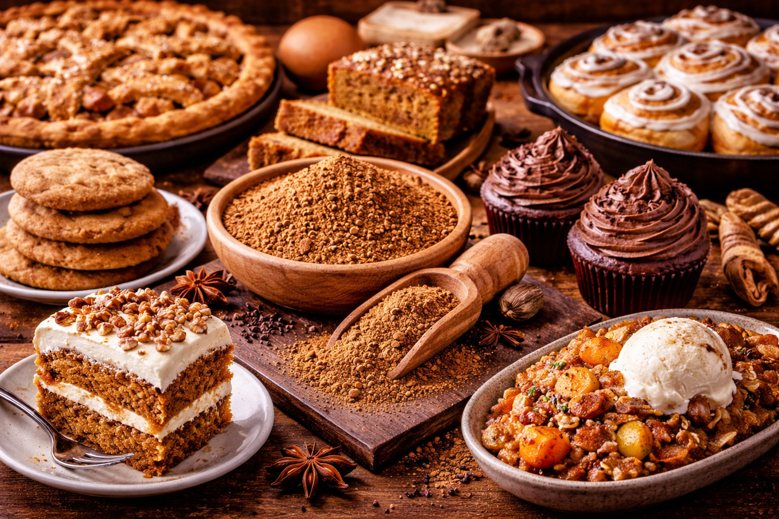 Assorted desserts including pies, cookies, and cupcakes on a wooden table with spices.