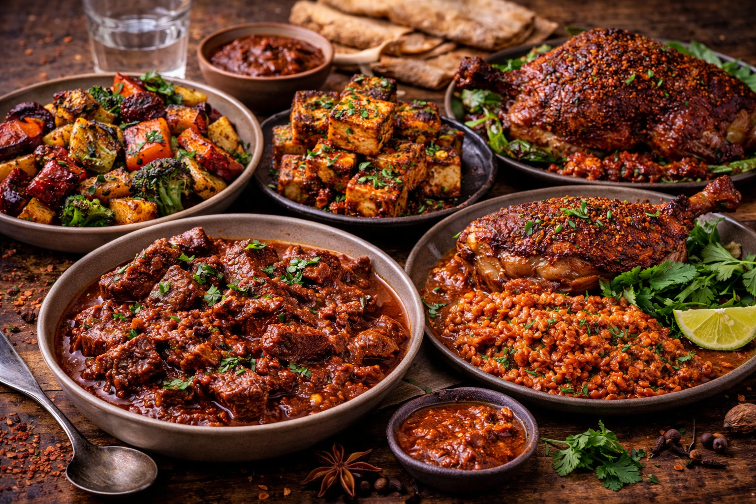 Assorted Indian dishes including curries and roasted meats on a wooden table.