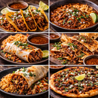 Collage of various Mexican dishes including tacos, burritos, and a pizza with pulled meat and garnishes.