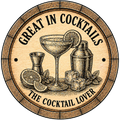 Decorative sign with cocktail-themed graphics and text on a wooden barrel background