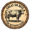 Wooden barrel label with a cow illustration and text 'Great on Beef: The Butcher's Guide' on a white background.