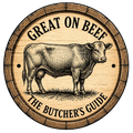 Wooden barrel label with a cow illustration and text 'Great on Beef: The Butcher's Guide' on a white background.