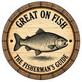Wooden barrel lid with fish illustration and text 'Great on Fish: The Fisherman's Guide' on a white background