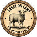 Wooden barrel label with a sheep illustration and text 'Great on Lamb The Butcher's Guide'.