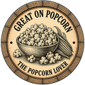 Decorative wooden barrel with popcorn illustration and text 'Great on Popcorn, The Popcorn Lover' on a white background.