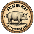 Wooden barrel lid with a pig illustration and text 'Great on Pork: The Butcher's Guide' on a white background