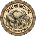 Circular wooden sign with seafood illustrations and text 'Great on Shellfish, The Seafood Lover' on a white background.