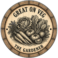 Wooden barrel lid with illustrations of vegetables and text 'Great on Veg The Gardener' on a white background