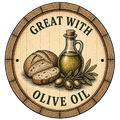 Decorative wooden barrel label with olive oil and bread illustration