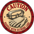 Decorative sign with goggles and gloves illustration and 'Caution: Handle with Extreme Care' text.