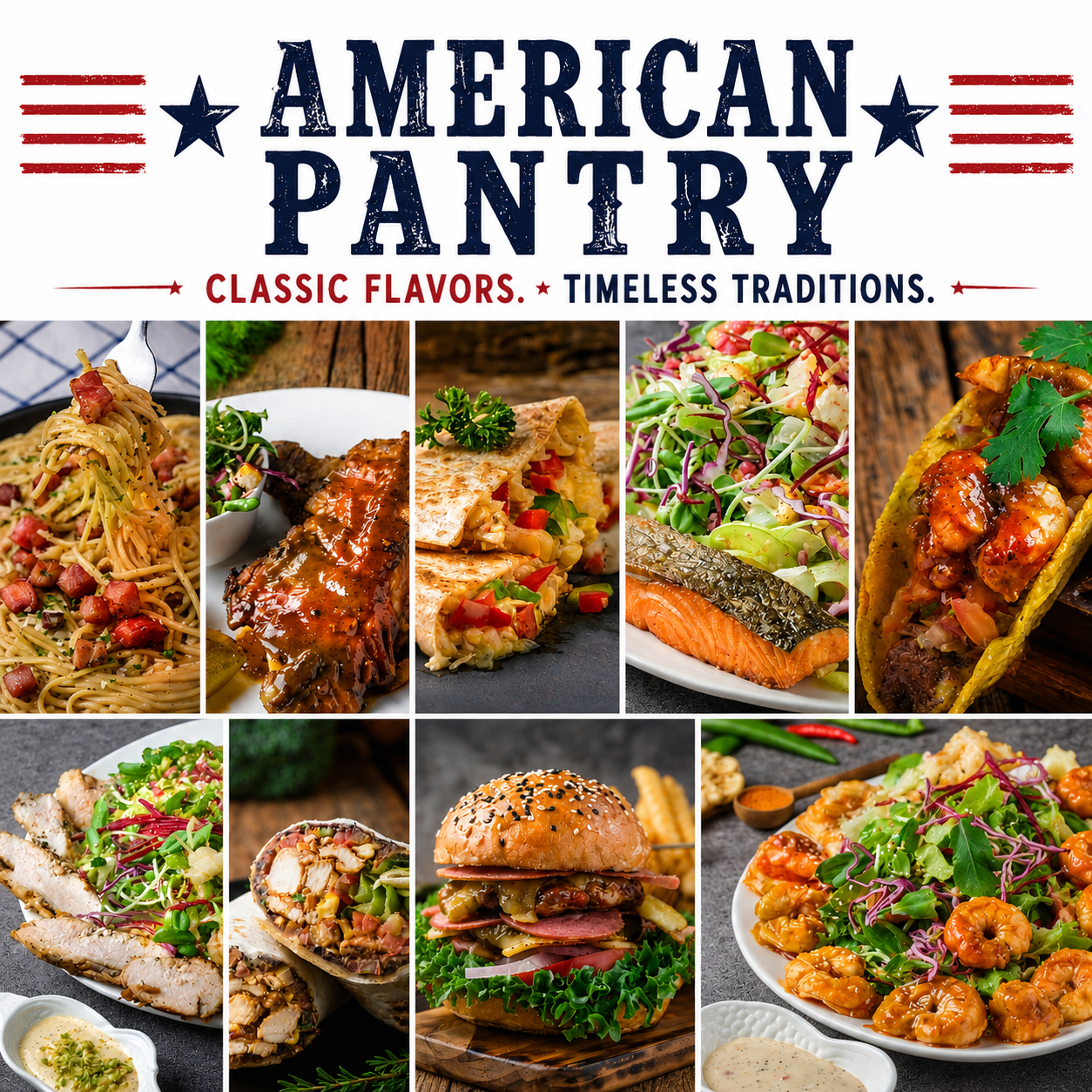 Promotional graphic for American Pantry featuring the brand name in distressed navy text with red stripes and stars, above a collage of assorted prepared foods including pasta, ribs, tacos, salad, salmon, burger, shrimp, and fried items.