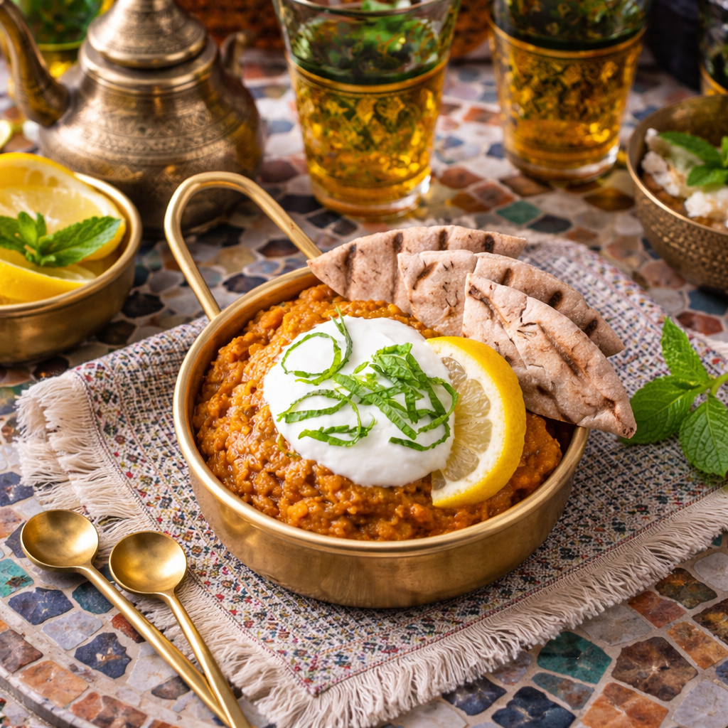 Dish of rice with lemon and yogurt garnish on a patterned tablecloth with teacups and mint leaves.