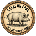 Wooden barrel lid with a pig illustration and text 'Great on Pork: The Butcher's Guide' on a white background