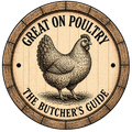 Wooden barrel lid with a chicken illustration and text 'Great on Poultry The Butcher's Guide' on a white background
