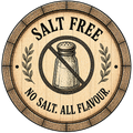 Wooden barrel with 'Salt Free' label and salt shaker illustration